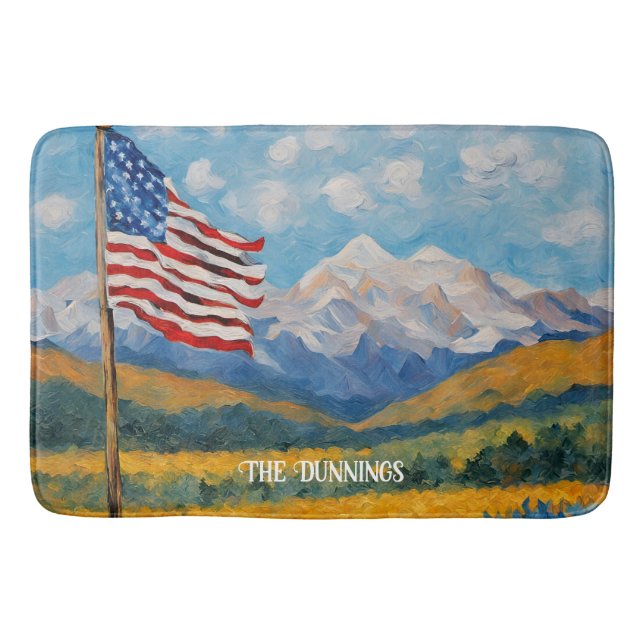 Impressionist American Flag and Mountains Bath Mat (Front)