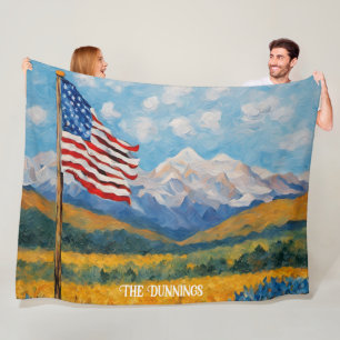 Impressionist American Flag and Mountains Fleece Blanket