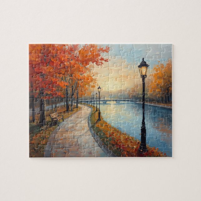 Impressionist Autumn River Walk Lamp Posts Jigsaw Puzzle (Horizontal)
