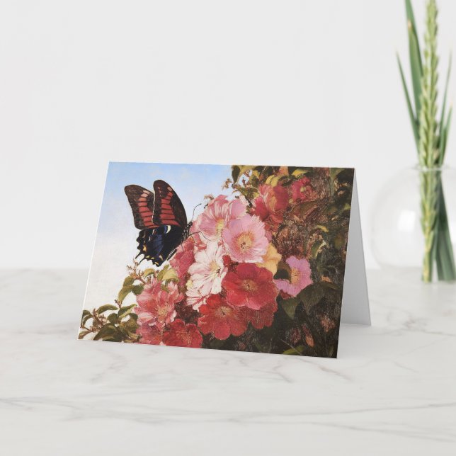 Impressionist Butterfly and Pink Flowers Card (Front)