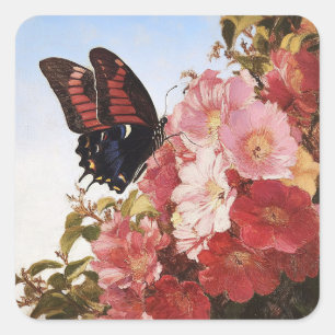Impressionist Butterfly and Pink Flowers Square Sticker
