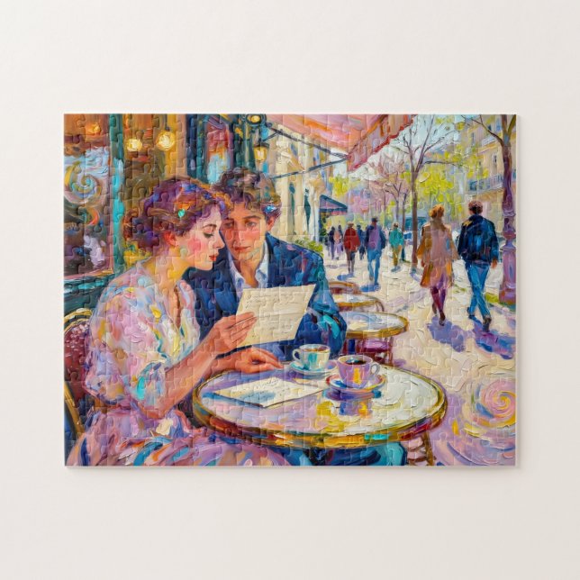 Impressionist Café Couple Reading and Debating Let Jigsaw Puzzle (Horizontal)