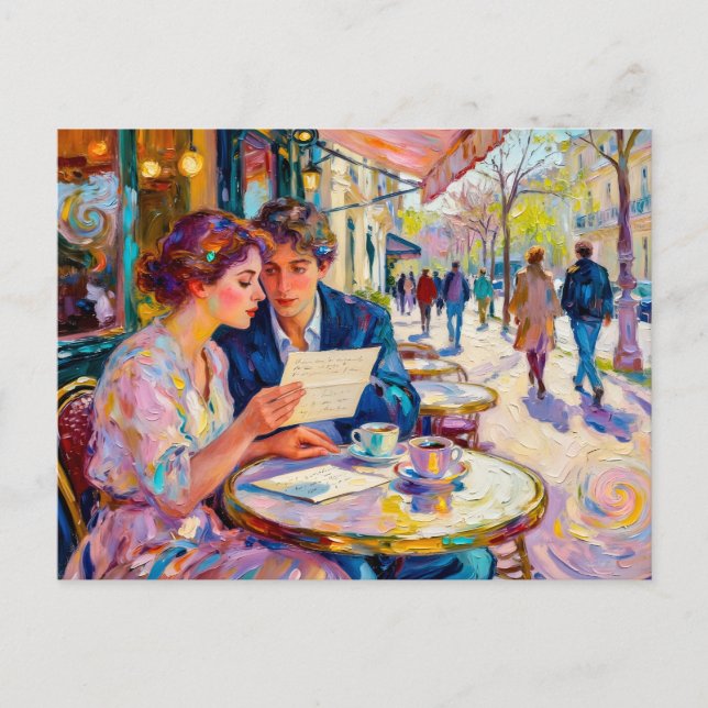 Impressionist Café Couple Reading and Debating Let Postcard (Front)