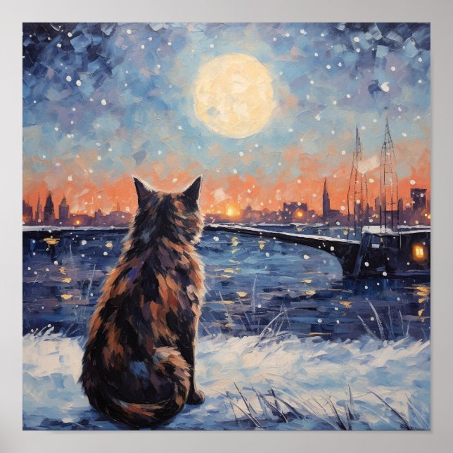 Impressionist Cat Overlooking Water in Winter Poster (Front)