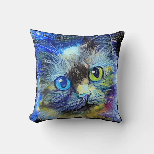 Impressionist Cat Portrait Blue Yellow Black Cushion (Front)