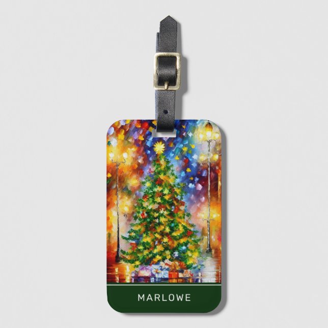 Impressionist Christmas Tree Personalised Name Luggage Tag (Front Vertical)