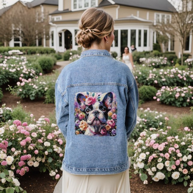 Impressionist Colourful French Bulldog Floral Rose Denim Jacket (Wedding Back)
