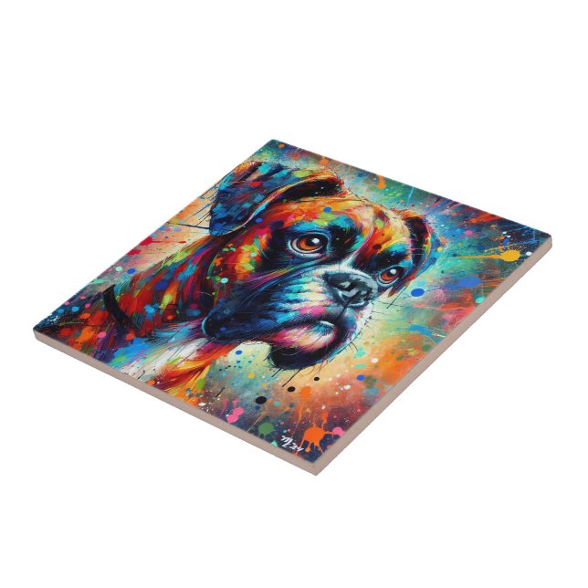 Impressionist Colourful Pop Art Boxer Dog Painting Ceramic Tile (Side)