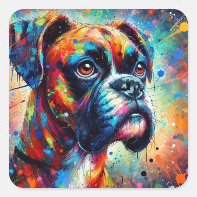Impressionist Colourful Pop Art Boxer Dog Painting Square Sticker (Front)