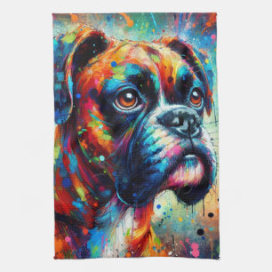 Impressionist Colourful Pop Art Boxer Dog Painting Tea Towel