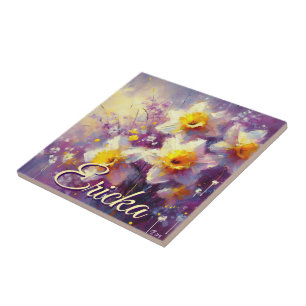 Impressionist Daffodil Floral Purple Personalised Ceramic Tile