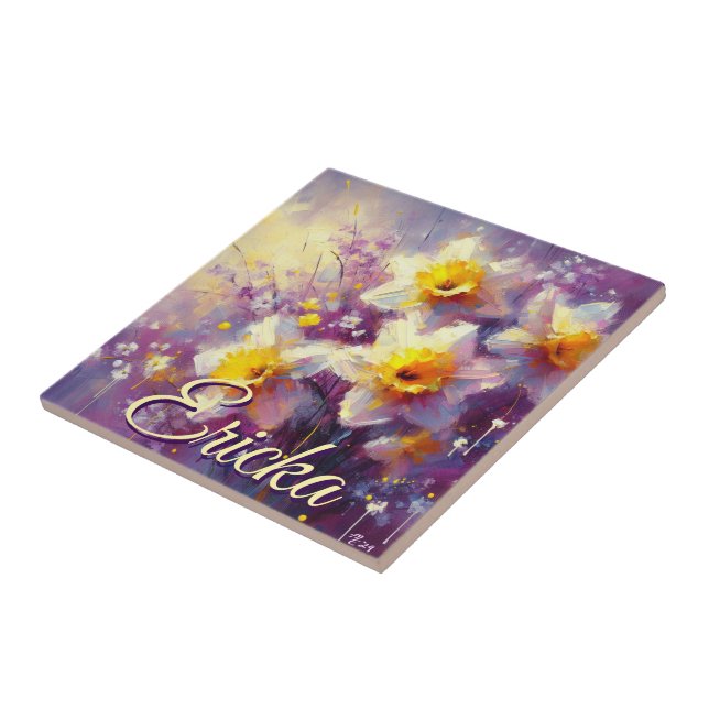 Impressionist Daffodil Floral Purple Personalised Ceramic Tile (Side)