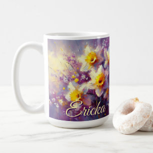 Impressionist Daffodil Floral Purple Personalised Coffee Mug