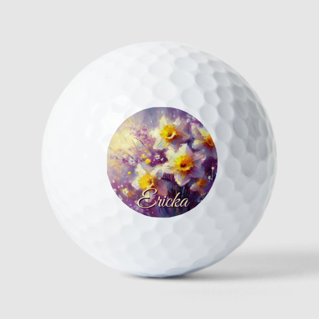 Impressionist Daffodil Floral Purple Personalised Golf Balls (Front)