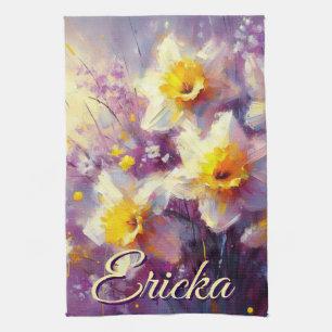 Impressionist Daffodil Floral Purple Personalized Tea Towel