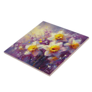 Impressionist Daffodil Floral Purple Yellow Art Ceramic Tile