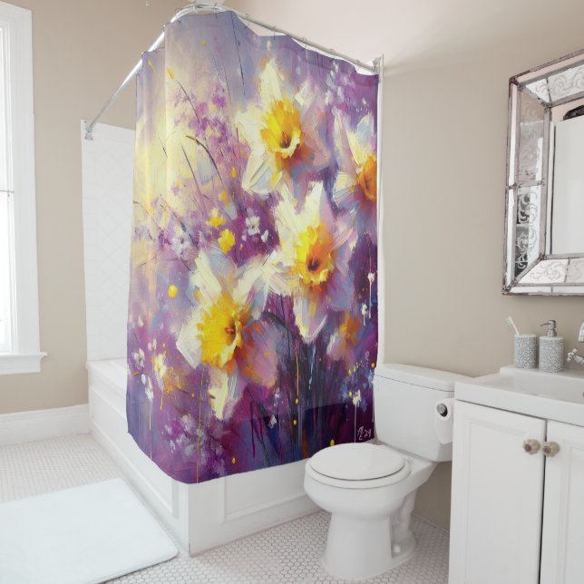 Impressionist Daffodil Floral Purple Yellow Art Shower Curtain (In Situ)