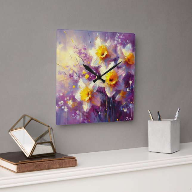 Impressionist Daffodil Floral Purple Yellow Art Square Wall Clock (Office)