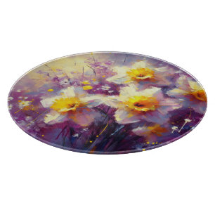 Impressionist Daffodil Floral Purple Yellow Cutting Board