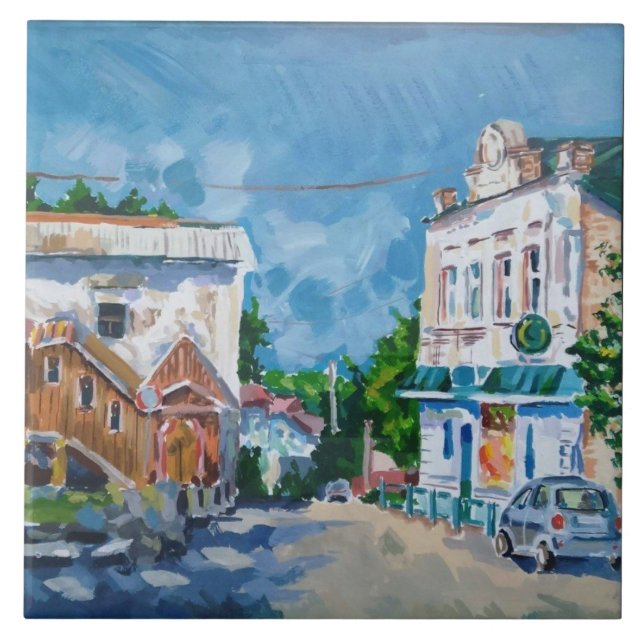 Impressionist European Townscape Ceramic Tile | Fi (Front)