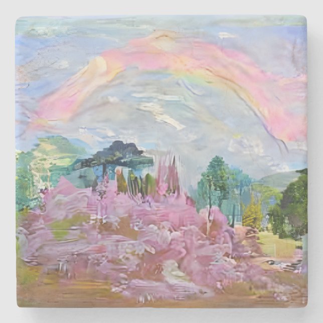 Impressionist Fantasy Landscape Watercolor Rainbow Stone Coaster (Front)