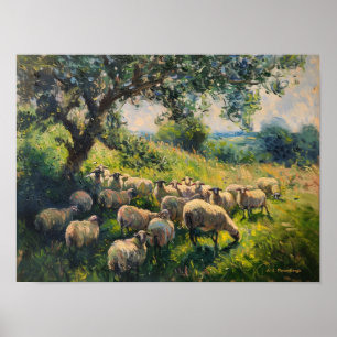 Impressionist Flock of Sheep Landscape Painting Poster