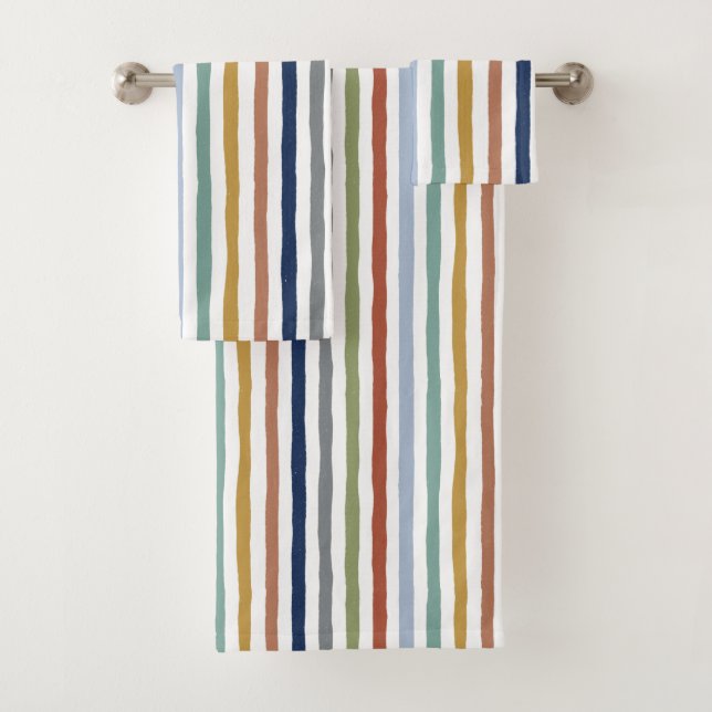 Impressionist-Inspired Colours Hand-Drawn Stripes Bath Towel Set (Insitu)