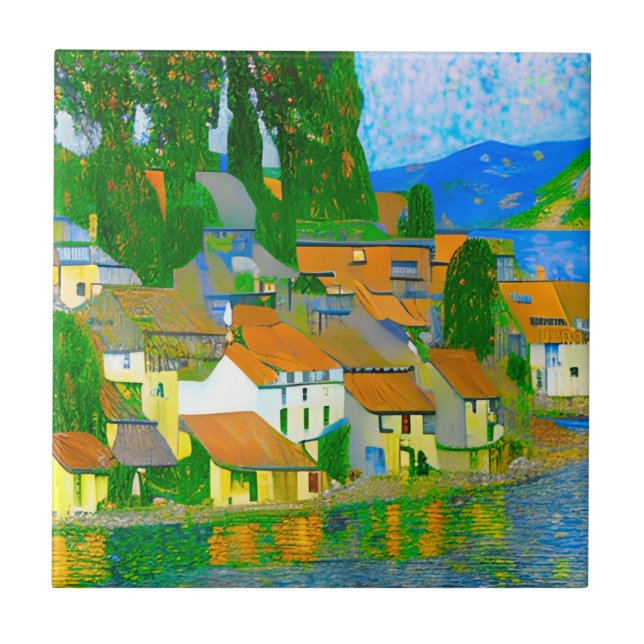 Impressionist  Mediterranean Village by the Sea  Ceramic Tile (Front)