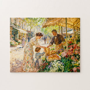 Impressionist Mother and Child at Colourful Market Jigsaw Puzzle
