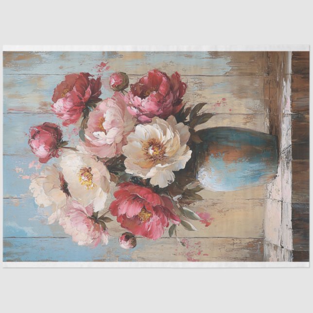 Impressionist Pink Flowers Blue Vase Decoupage Tissue Paper (Front)