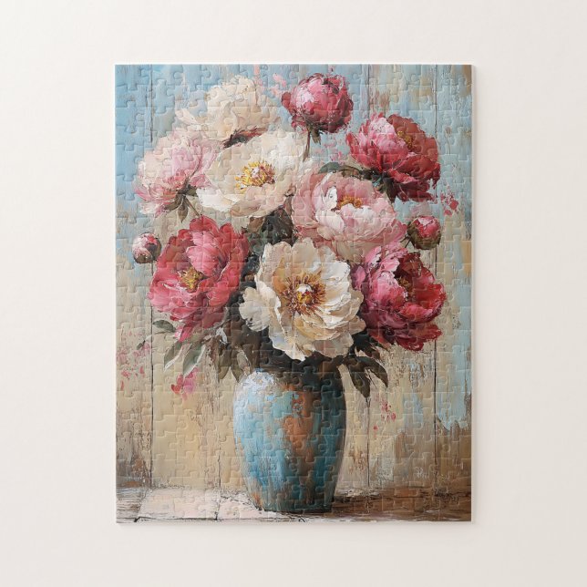 Impressionist Pink Flowers Blue Vase Jigsaw Puzzle (Vertical)