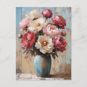 Impressionist Pink Flowers Blue Vase Postcard