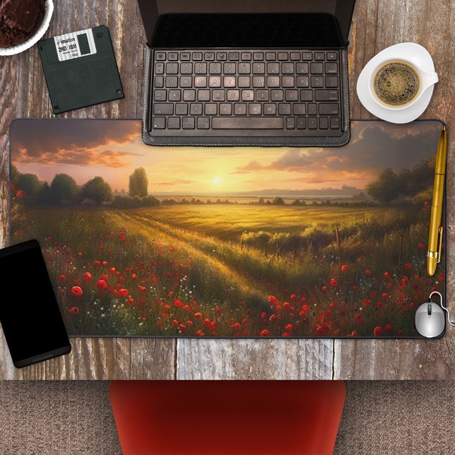 Impressionist Poppy Field Sunset Landscape Desk Mat (Desk mat featuring an impressionist painting of a sunset on a field with poppies.)