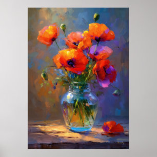 Impressionist Poppy Flowers in Glass Vase Painting Poster
