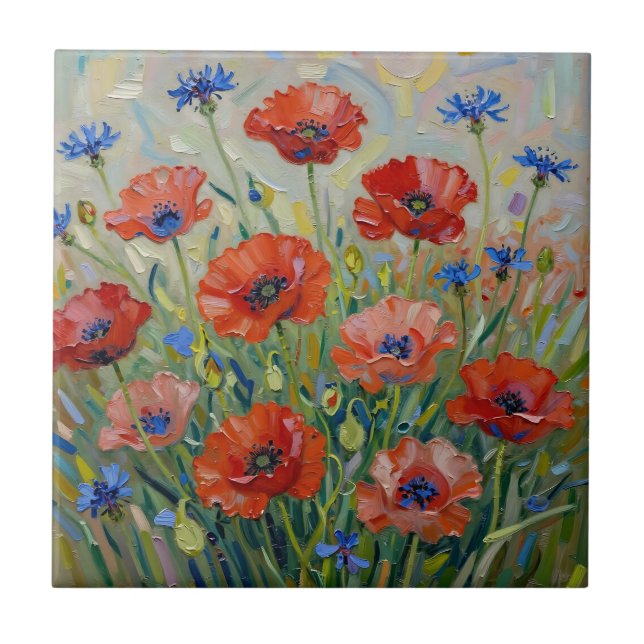 Impressionist Red Poppy Field Ceramic Tile (Front)