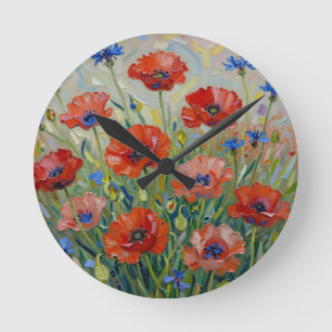 Impressionist Red Poppy Field Round Clock