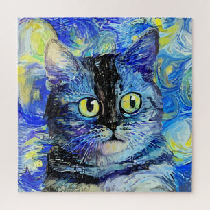 Impressionist Starry Night Tabby Cat Portrait Jigsaw Puzzle