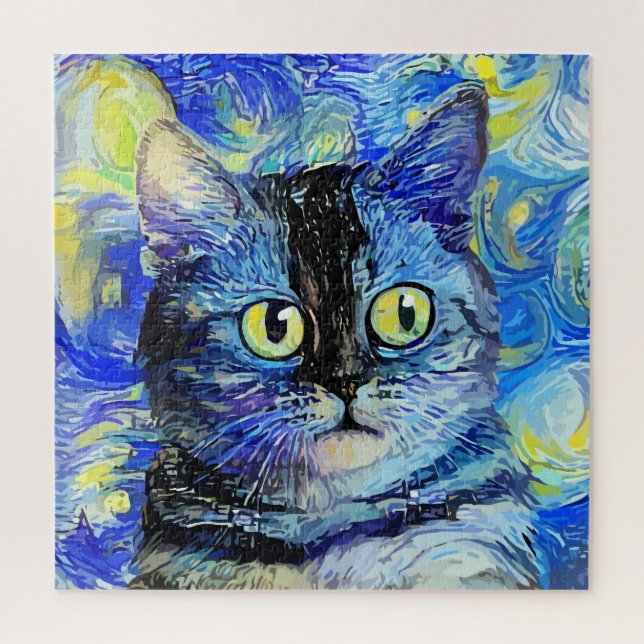 Impressionist Starry Night Tabby Cat Portrait Jigsaw Puzzle (Vertical)