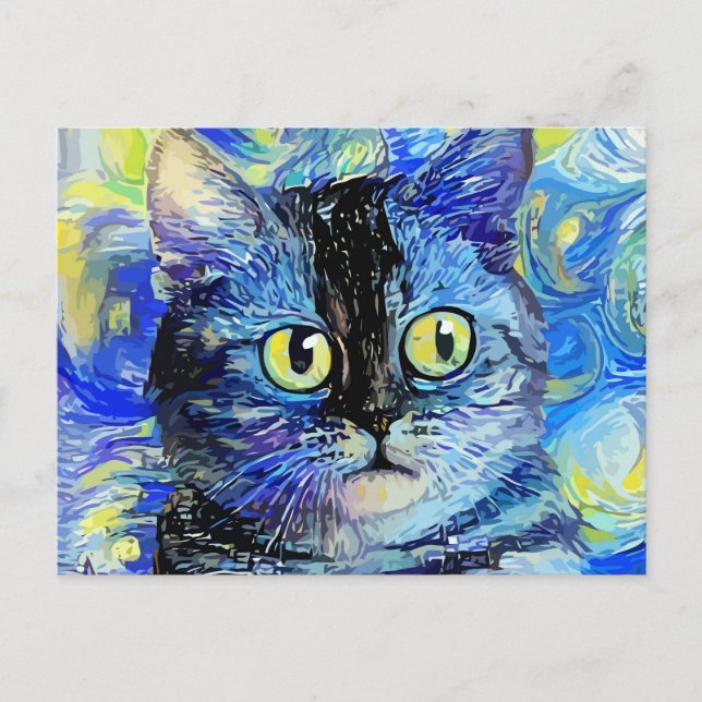 Impressionist Starry Night Tabby Cat Portrait Postcard (Front)