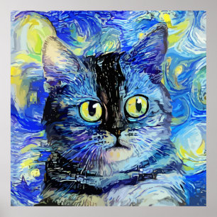 Impressionist Starry Night Tabby Cat Portrait Poster