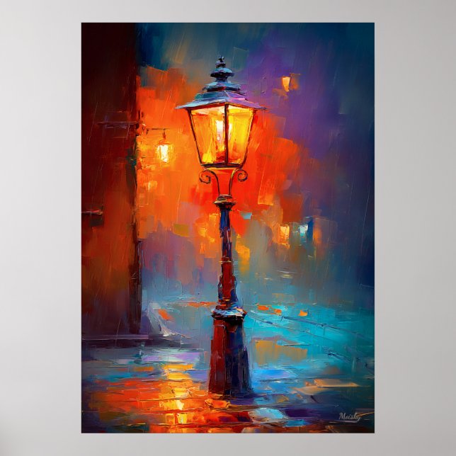 Impressionist Street Lamp Night City Painting Poster (Front)