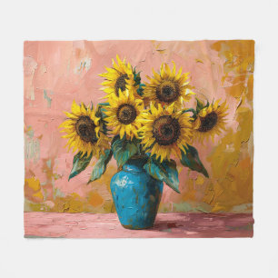 Impressionist Sunflowers in a Blue Vase Fleece Blanket