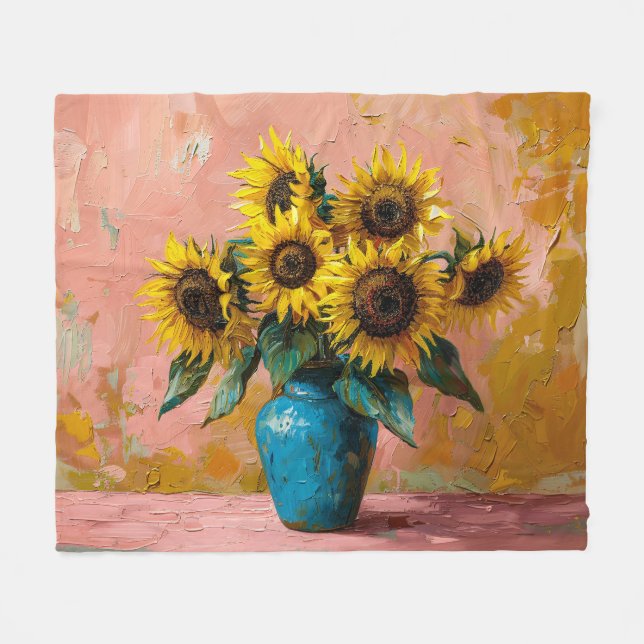 Impressionist Sunflowers in a Blue Vase Fleece Blanket (Front (Horizontal))