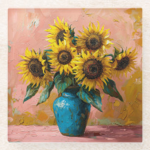 Impressionist Sunflowers in a Blue Vase Glass Coaster
