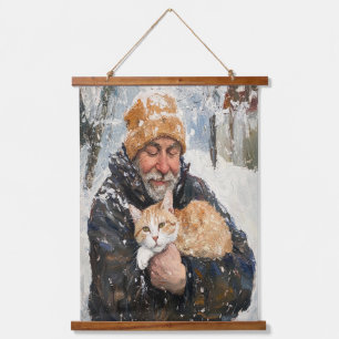 Impressionist Tapestry – Old Man and Cat in Snow