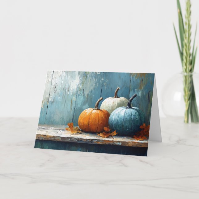 Impressionist Trio of Pumpkins on Rustic Wood Card (Front)