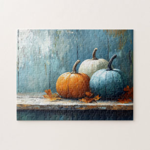 Impressionist Trio of Pumpkins on Rustic Wood Jigsaw Puzzle