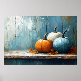 Impressionist Trio of Pumpkins on Rustic Wood Poster