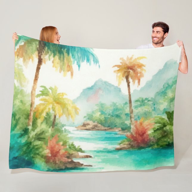 Impressionist Watercolor Tropical Island Scene Fleece Blanket (In Situ)