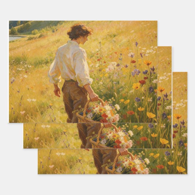 Impressionist Wildflower Picking  Wrapping Paper Sheet (Set)